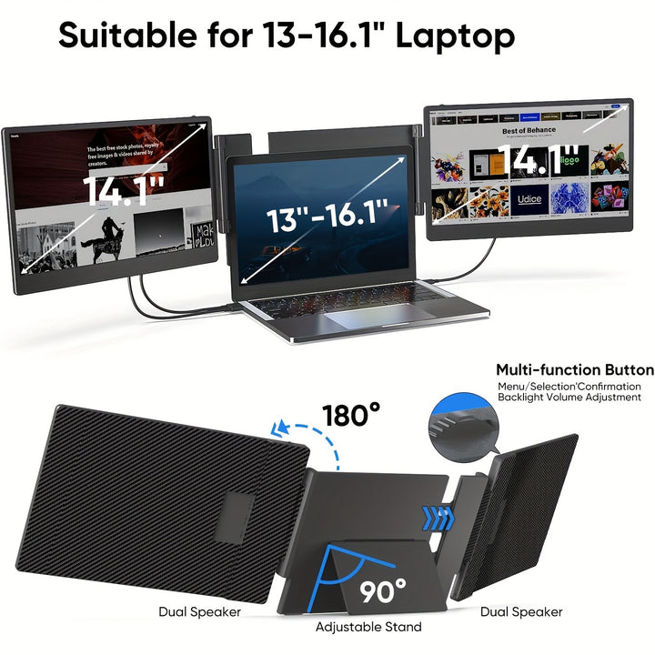 Laptop Screen Display Extender, 14.1Inch 1080P FHD Portable Monitor With Built-in Stand And Dual Speakers Fits 13''-16.1'' Laptops, Plug And Play, Compatible With Windows, Mac, Chrome